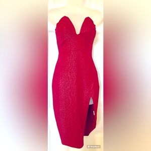 Stunning Red Snake Embossed Strapless Bodycon Dress High Slit Evening Party